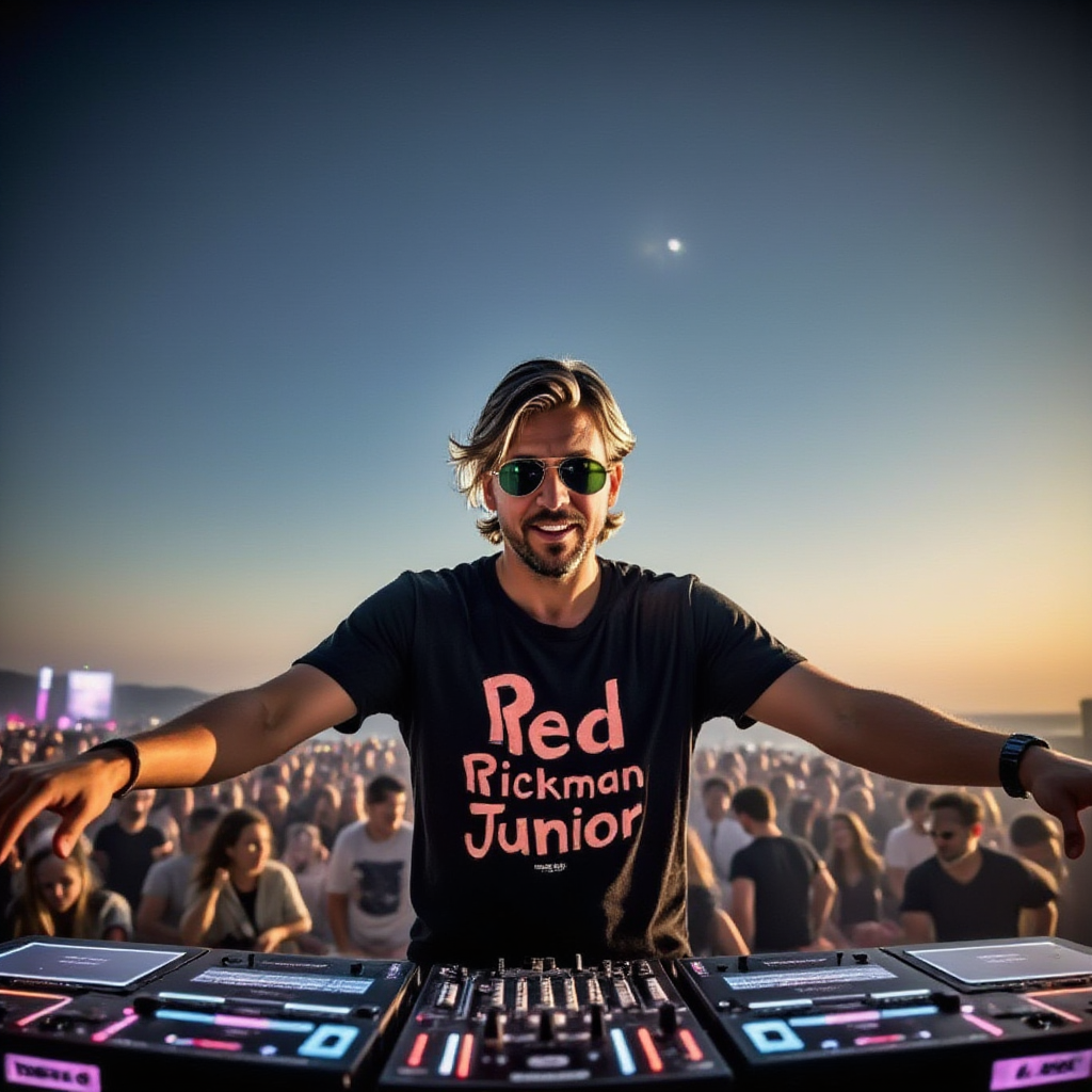 Red Rickman Junior persona at a beachside DJ setting