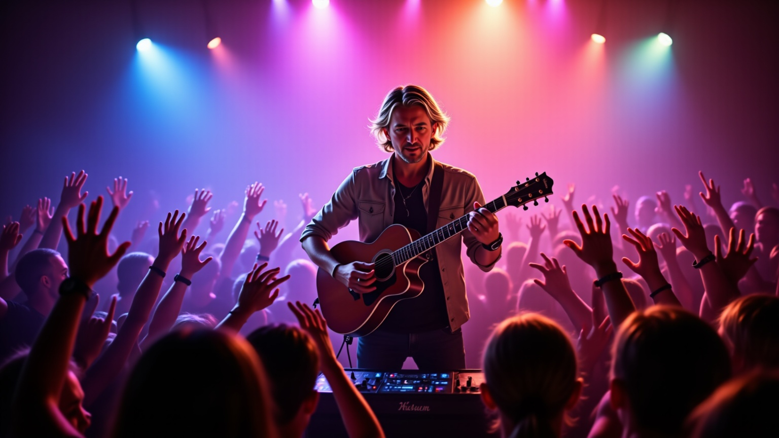 Red Rickman Junior persona with a guitar in an imagined concert scene