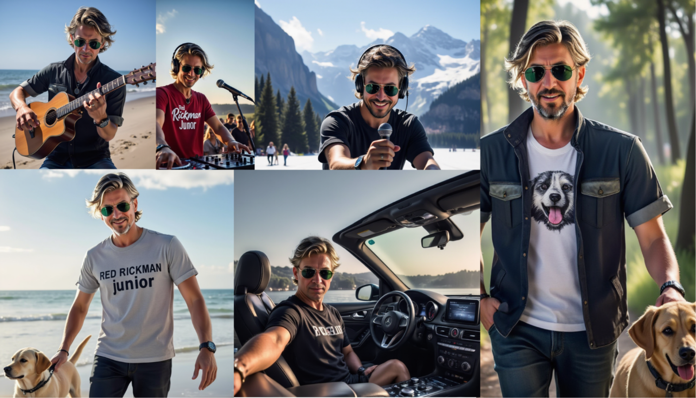 Collage of the Red Rickman Junior character in several settings